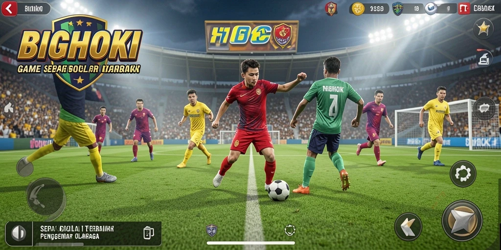 Gameplay BIGHOKI yang mendebarkan dengan aksi sepak bola.