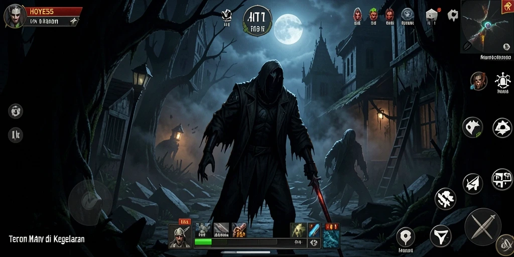 Menampilkan gameplay menegangkan dalam suasana yang gelap.