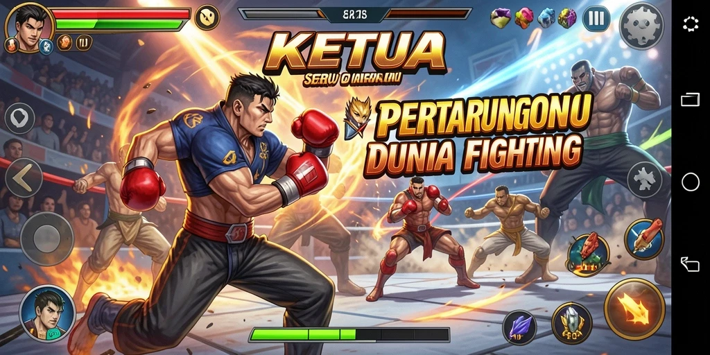 Screenshot permainan KETUA menampilkan pertarungan intens di arena Fighting.