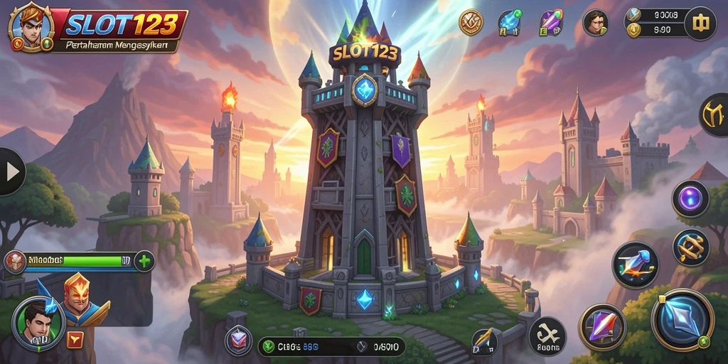 Tampilan menarik permainan Tower Defense SLOT123 dengan strategi menara.